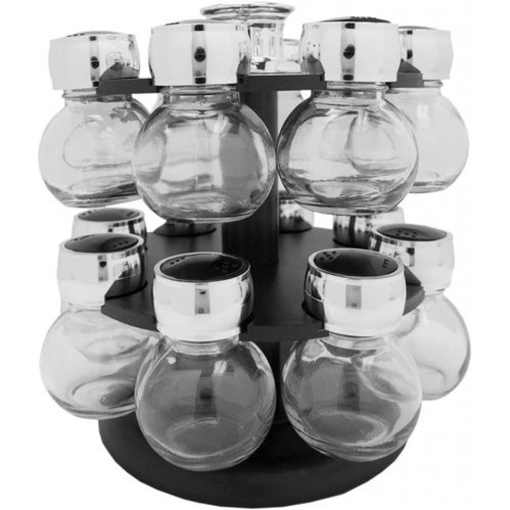 16pc Revolving Jar Kitchen Herbs & Spice Rack Countetop Storage Organizer-Clear