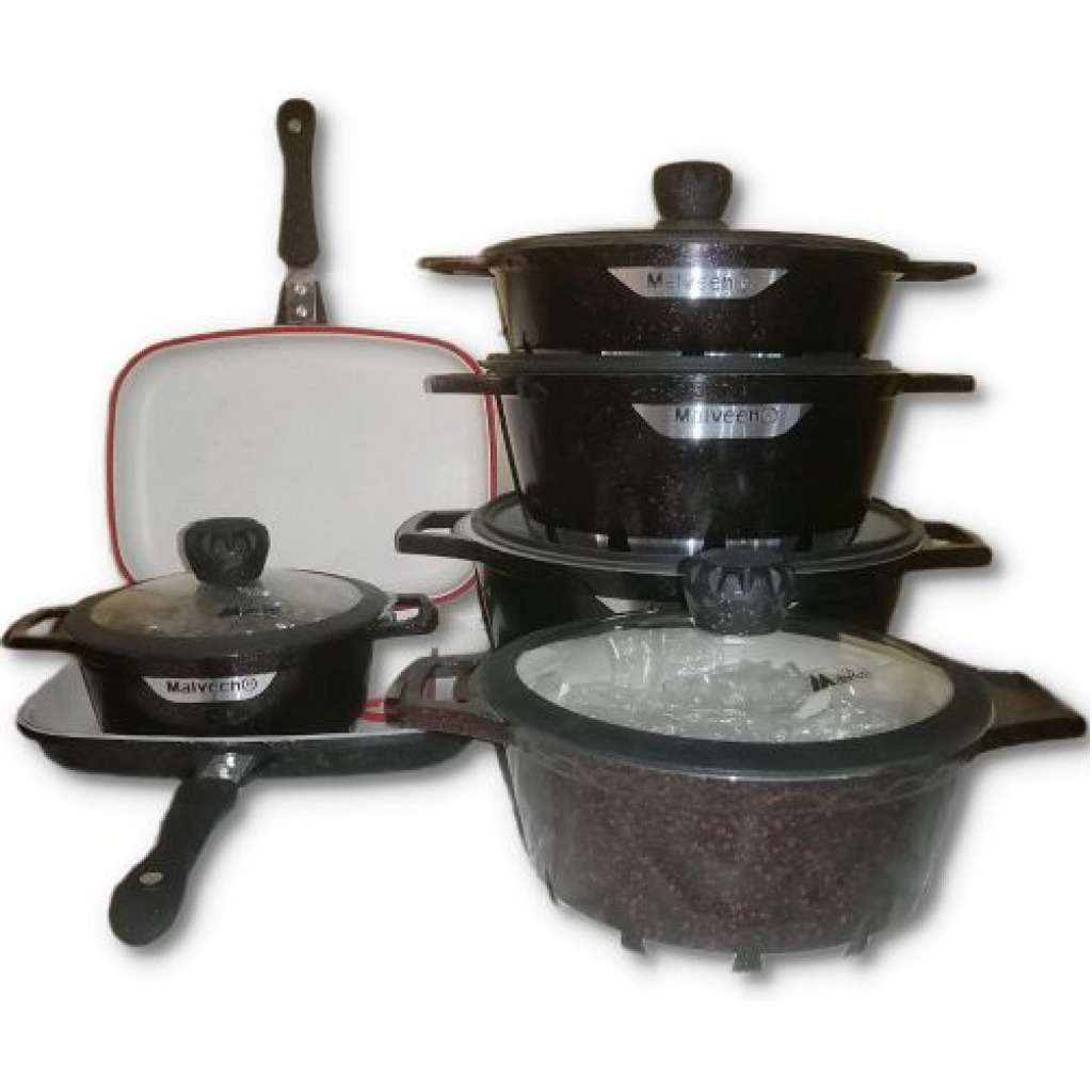 Malveen 12 Pieces Round Non-Stick Serving Dishes Saucepans Cookware - Maroon