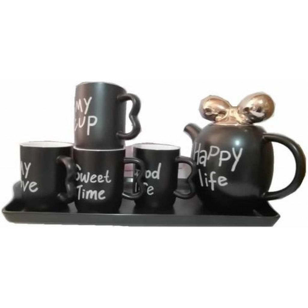 4 Pieces Of Tea Coffee Cups, Teapot And Tray Set- Black