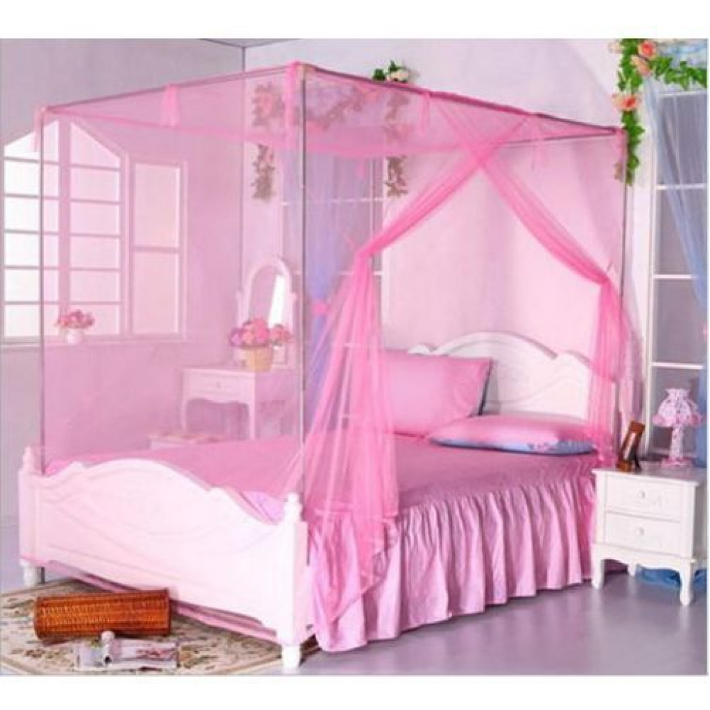 Steel Flat Topped Luxury Mosquito Net With Stands - Pink