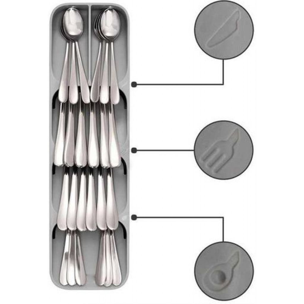Drawer Store Kitchen Cutlery Knife Fork Spoon Drawer Storage Organizer Tray- Grey