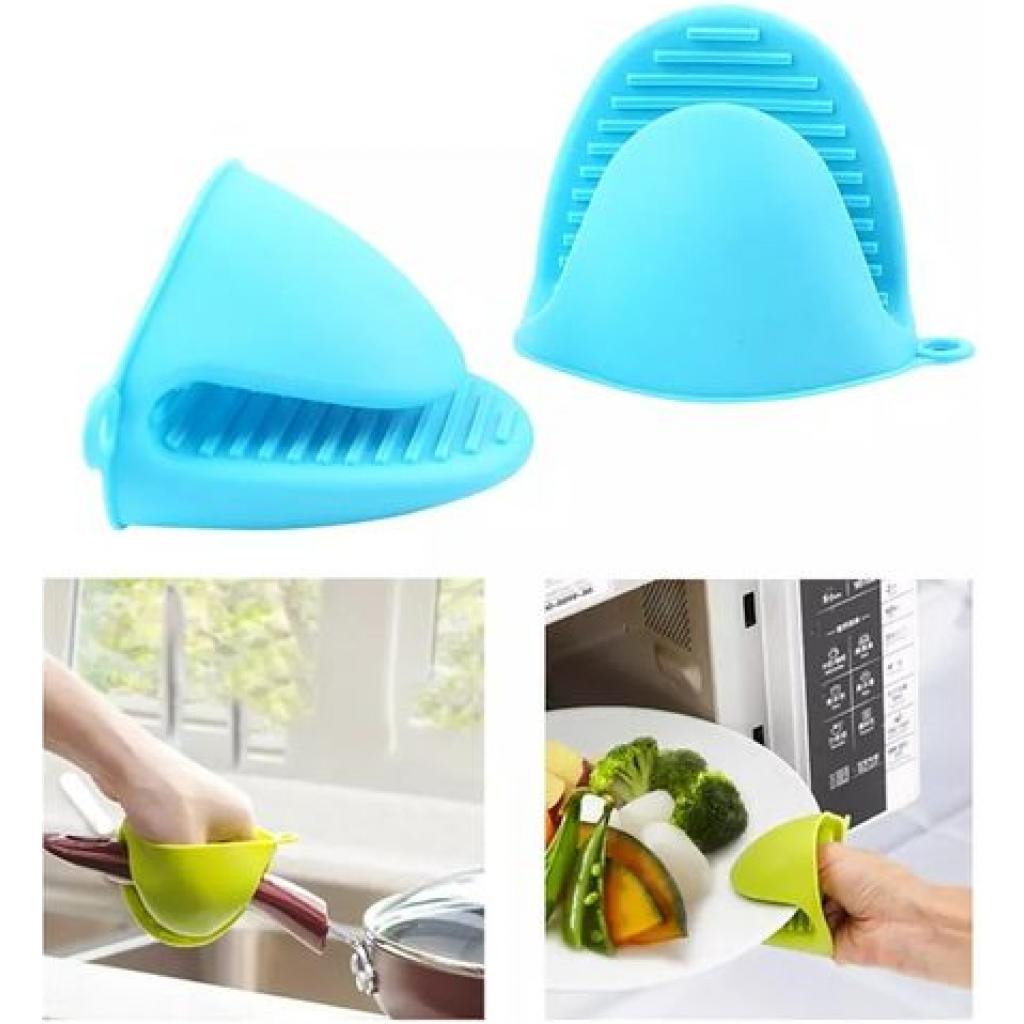 2 Piece Silicone Oven Mitts, Pot Cooking Finger Heat Resistant Gloves-Blue