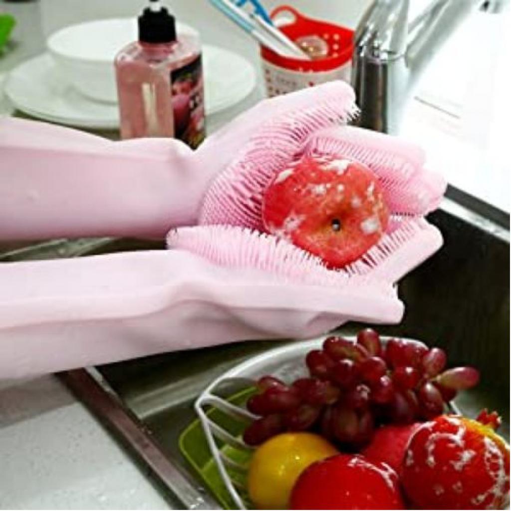 1 Pair Of Bathroom And Kitchen Silicone Cleaning Hand Gloves -Pink