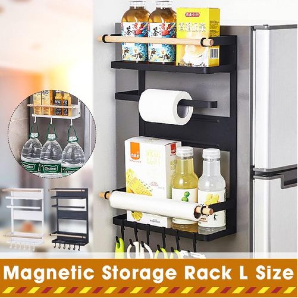 Magnetic Fridge Side Shelf Storage Organizer, Spice Rack Hanger 6 Hooks -Black