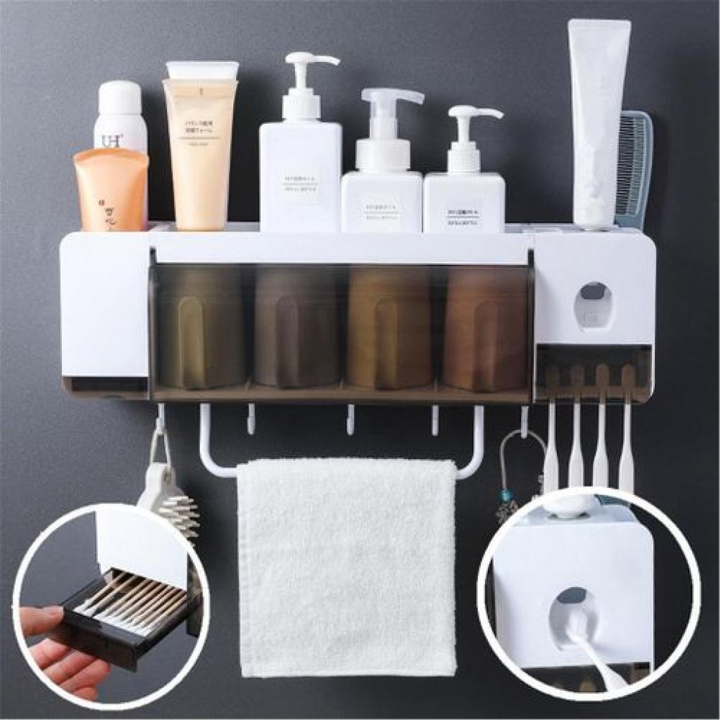 4 Cup Wall-Mounted Toothpaste Dispenser, Toothbrush Organizer, Towel Rack-White