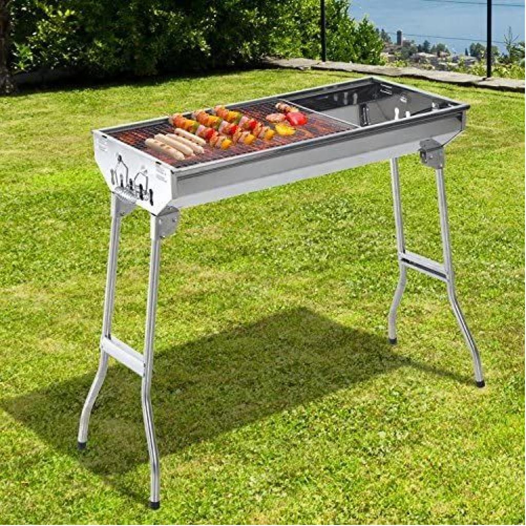 Portable Folding Stainless Steel Charcoal Barbecue Grill Smoker, Silver