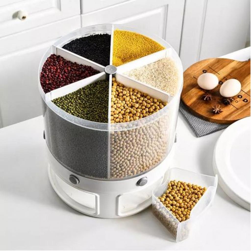 Rotating Food Storage Rice Bucket Cereal Dispenser Container Organizer -White