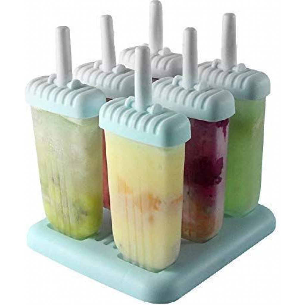 6 Ice Pop Makers, Popsicle Frozen Candy Lolly Ice Cream Moulds Tray- Blue