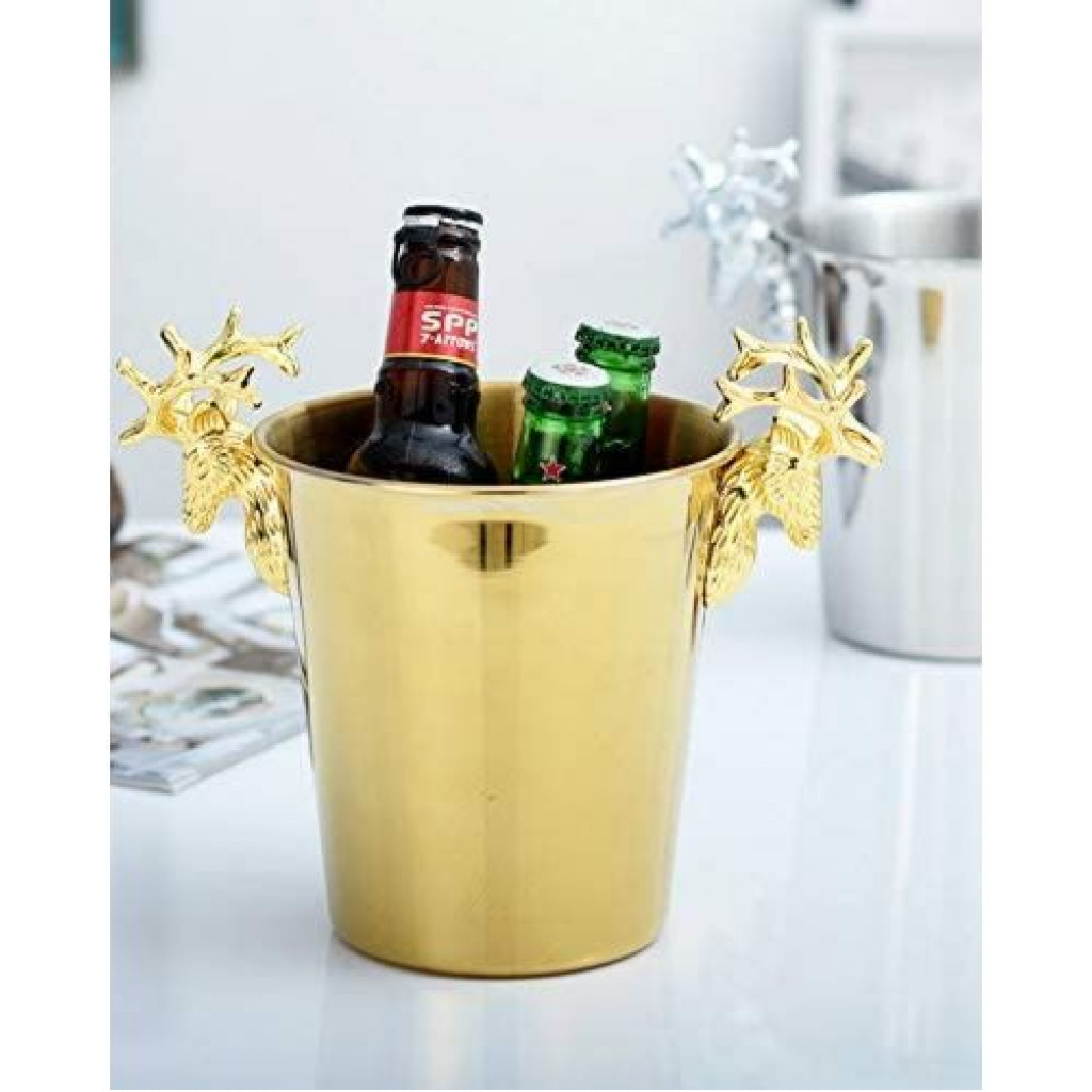 3L Champagne Wine Ice Bucket Stainless Steel With Deer Head Handles -Gold