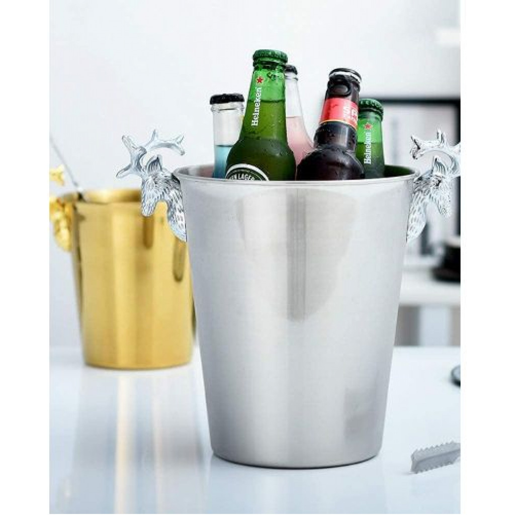 5L Champagne Wine Ice Bucket Stainless Steel With Deer Head Handles-Silver