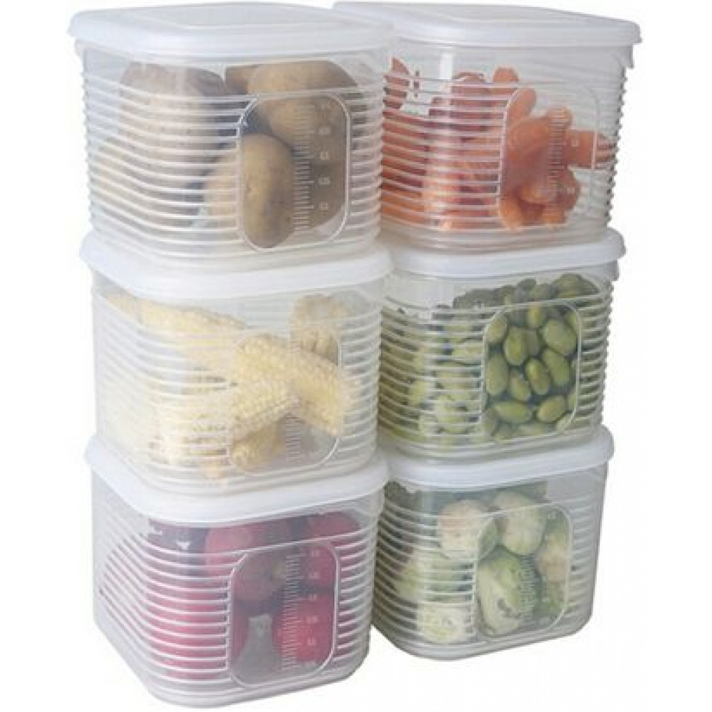 Plastic Food Storage Container With 6 Removable Tins Fridge Organizer -White