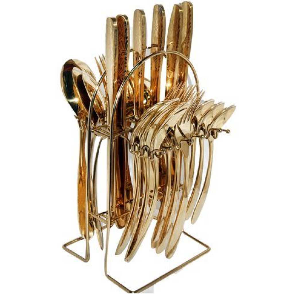 24pcs Cutlery (Forks ,Spoons & Knives) with a Stand - Gold