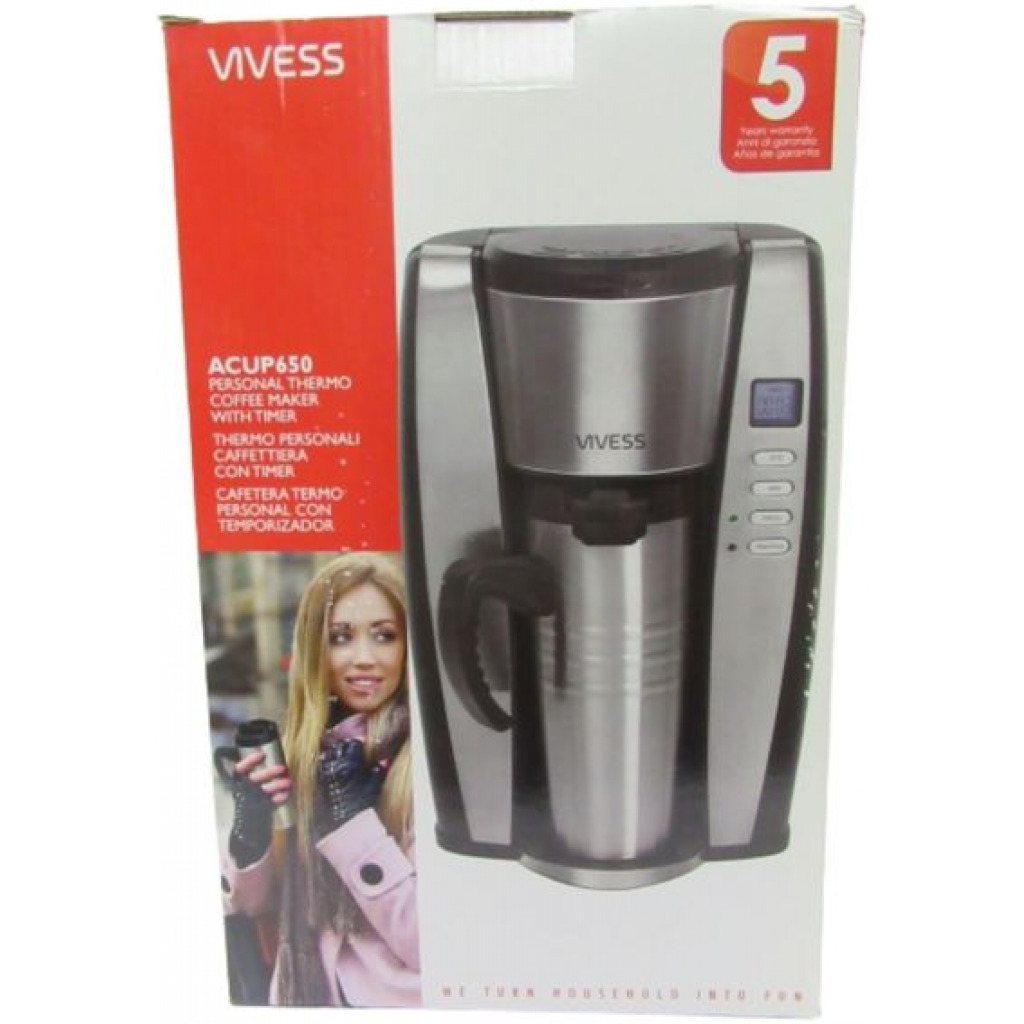 Vives Personal Thermo Coffee Maker Machine With Timer ACUP650 - Warm Function, Silver