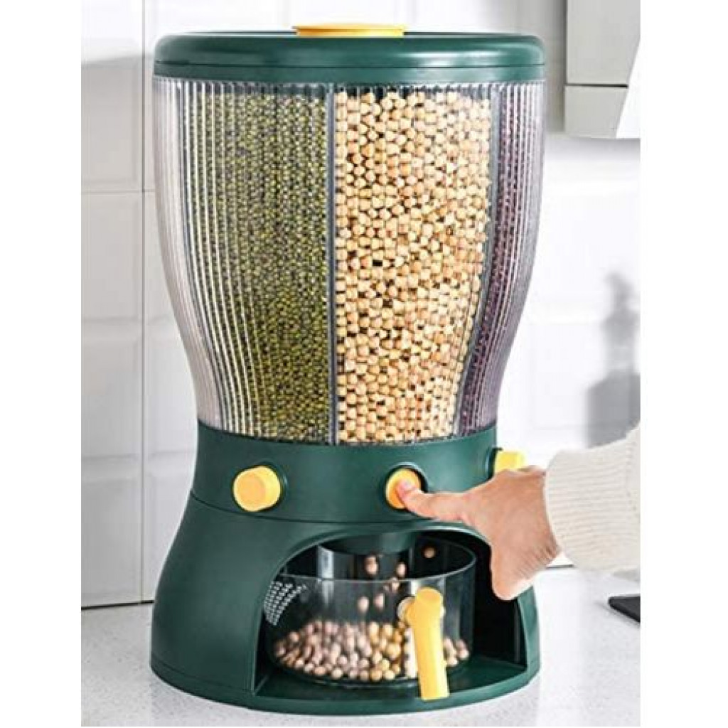 4 Grid Rotating Cereal Food Rice Bucket Storage Dispenser Box Organizer-Green