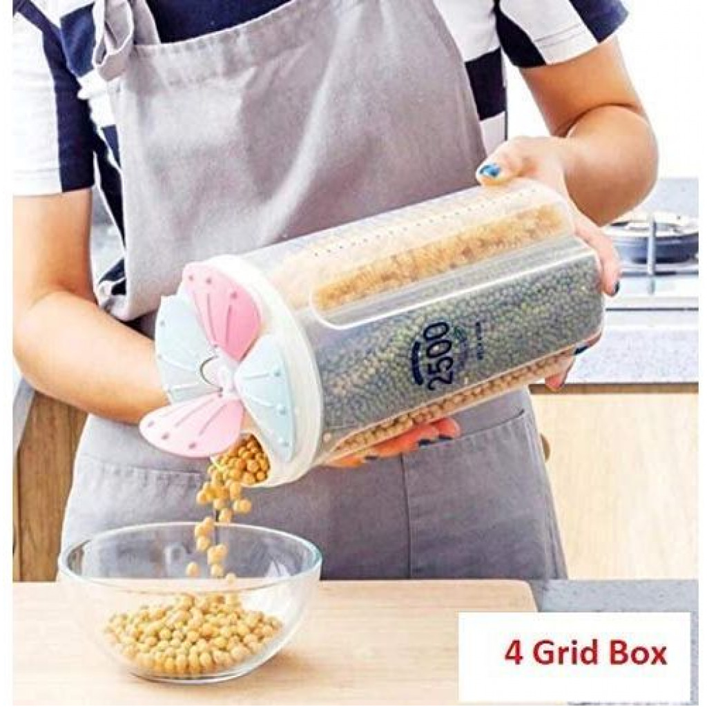 4 Section Cereal Food Dispenser Storage Jar Box Container Bin, Colourless