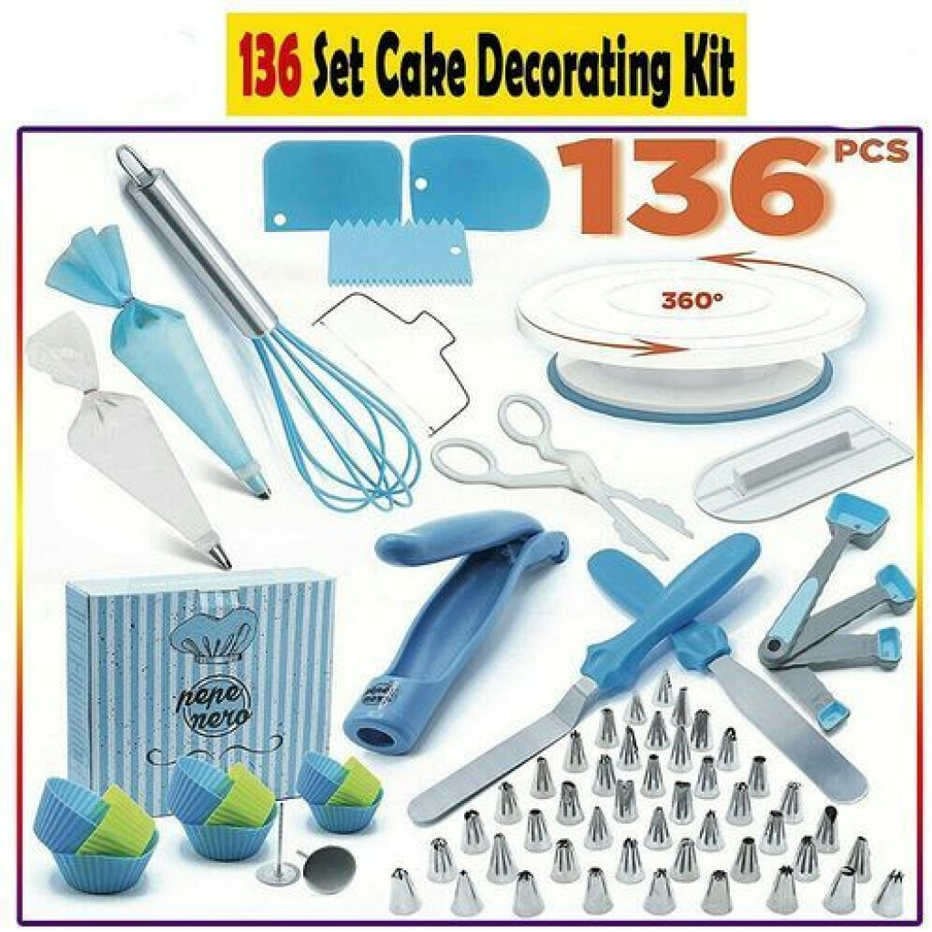 136 PCS Cake Decorating, Turntable Stand, Baking Set, Blue