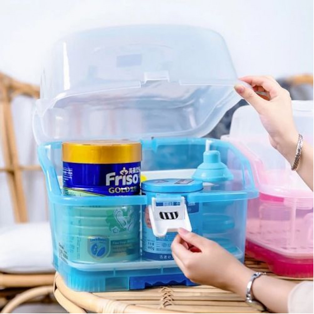 Portable Baby Bottle Drying Rack Storage Box With Anti-dust Cover, Blue