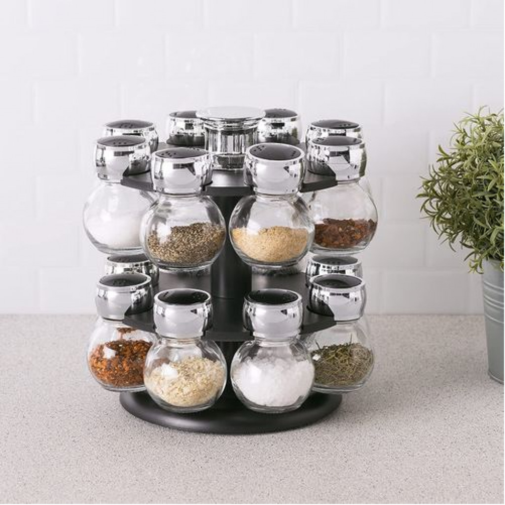 16pc Revolving Jar Kitchen Herbs & Spice Rack Countetop Storage Organizer-Clear