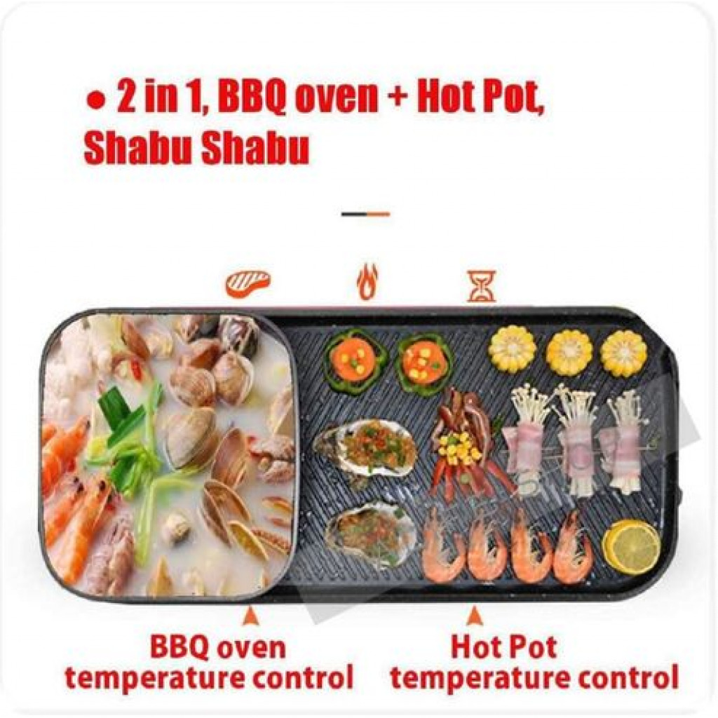 2 In1Electric Baking Pan, Cooking Soup Hot Pot And BBQ Electric Grill - Black