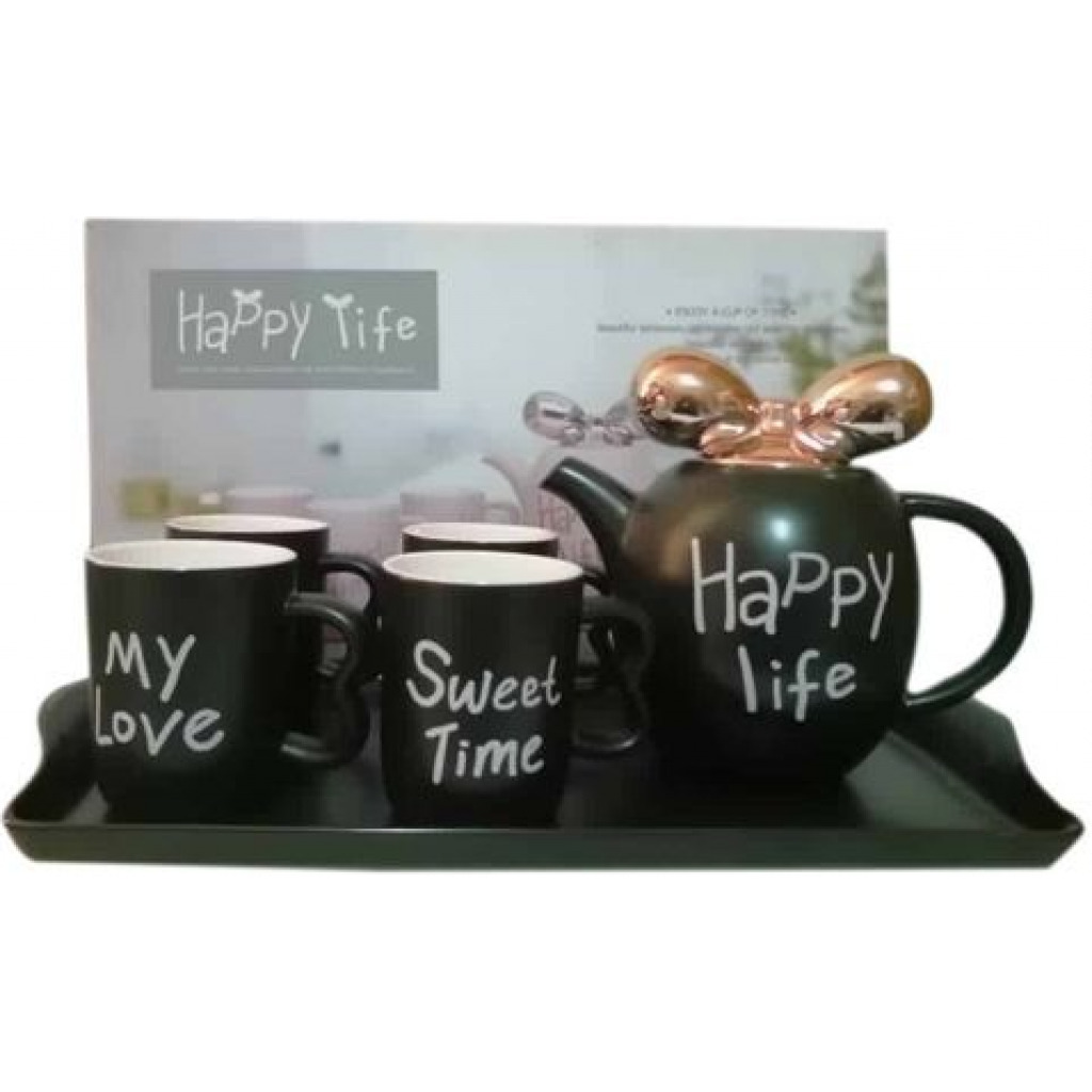 4 Pieces Of Tea Coffee Cups, Teapot And Tray Set- Black