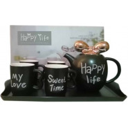 4 Pieces Of Tea Coffee Cups, Teapot And Tray Set- Black Cups Mugs & Saucers TilyExpress