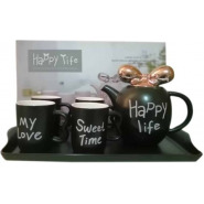 4 Pieces Of Tea Coffee Cups, Teapot And Tray Set- Black