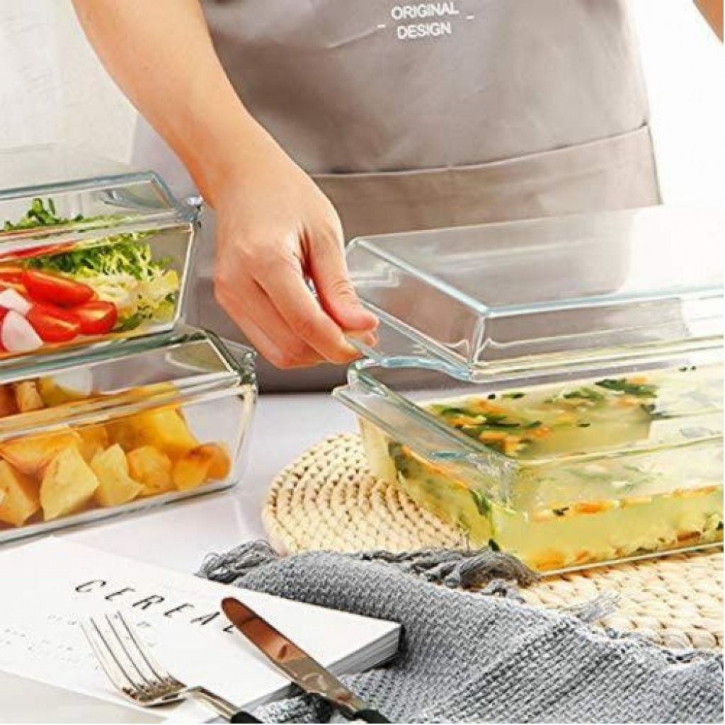 3 Piece Rectangle Glass Bakeware Dishes Microwave Oven Bowls With Lids – Colorless Bakeware Sets TilyExpress 11