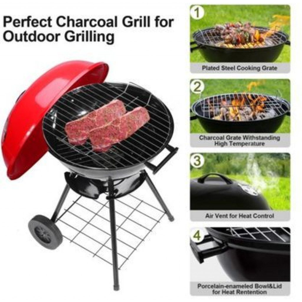 Portable Metal Kettle Trolley Barbecue Wood Charcoal Grill, Blue
