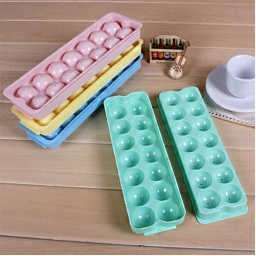 2 Piece, 14 Grid Round Ice Cube Tray Mould Ice Ball Maker-Green