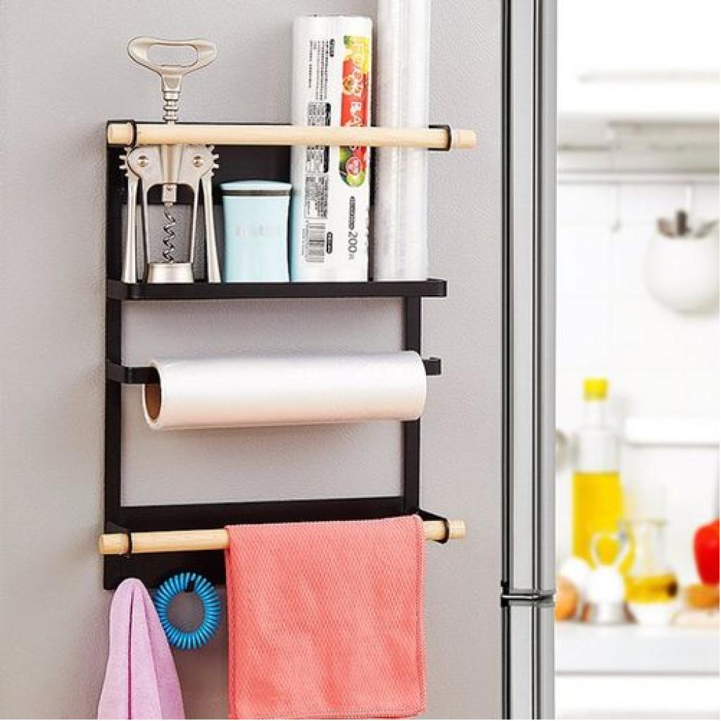 Magnetic Fridge Side Shelf Storage Organizer, Spice Rack Hanger 6 Hooks -Black