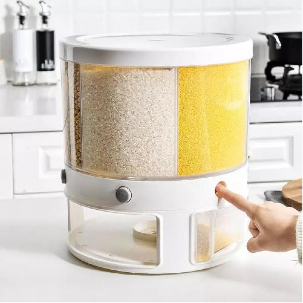 Rotating Food Storage Rice Bucket Cereal Dispenser Container Organizer -White