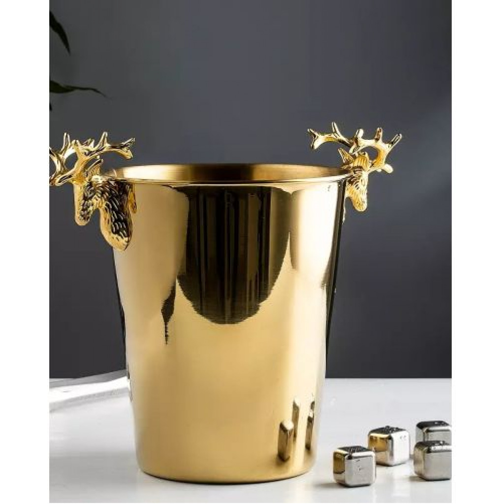 3L Champagne Wine Ice Bucket Stainless Steel With Deer Head Handles -Gold