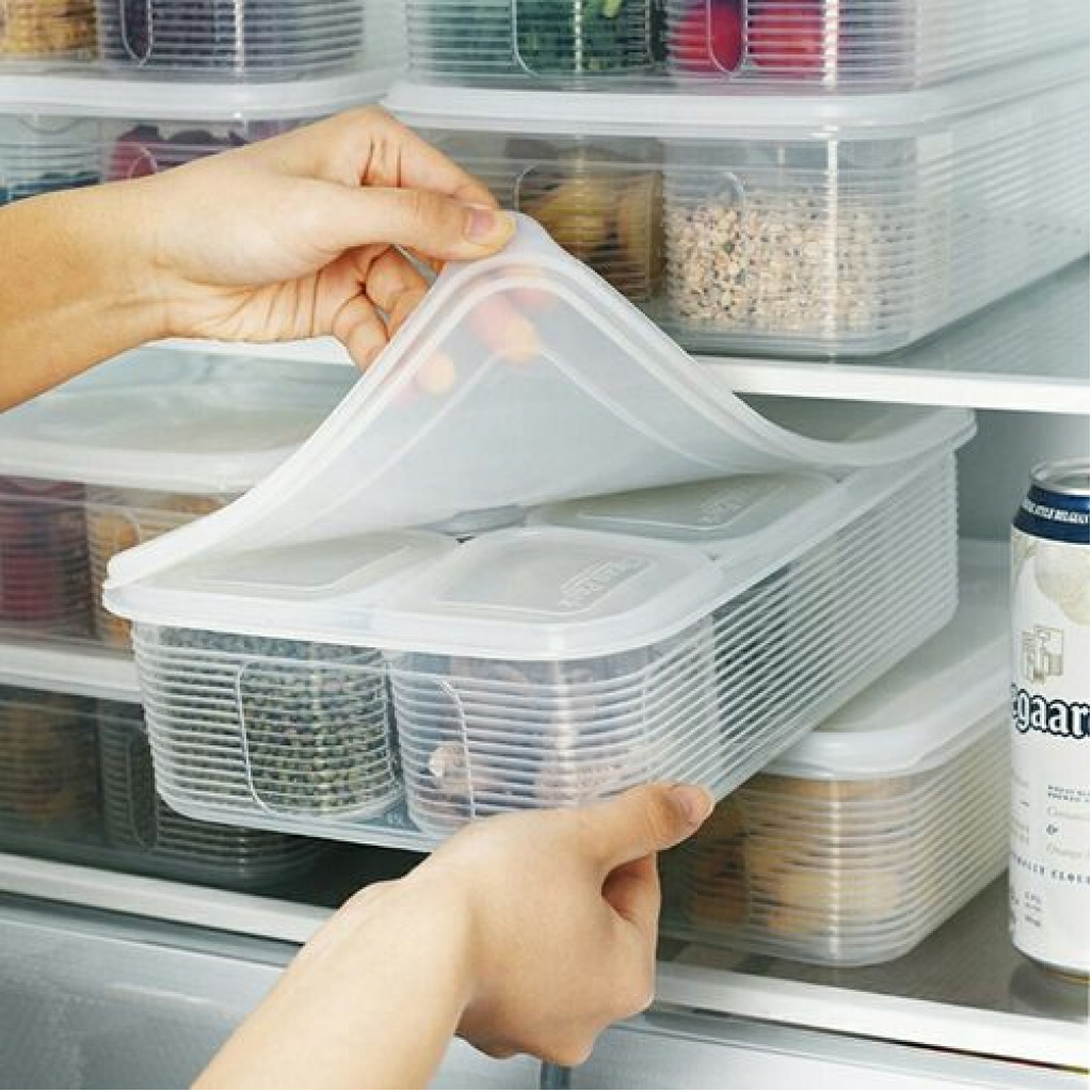 Plastic Food Storage Container With 6 Removable Tins Fridge Organizer -White