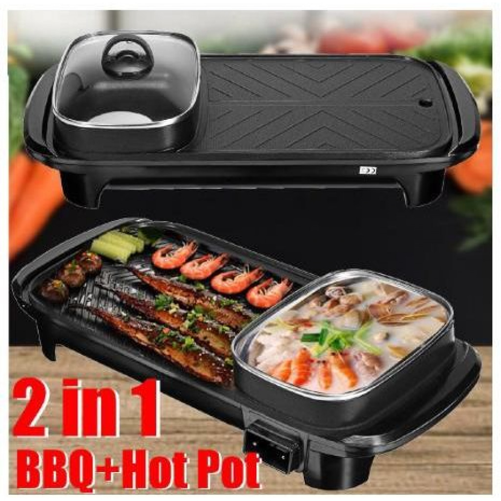 2 In1Electric Baking Pan, Cooking Soup Hot Pot And BBQ Electric Grill - Black