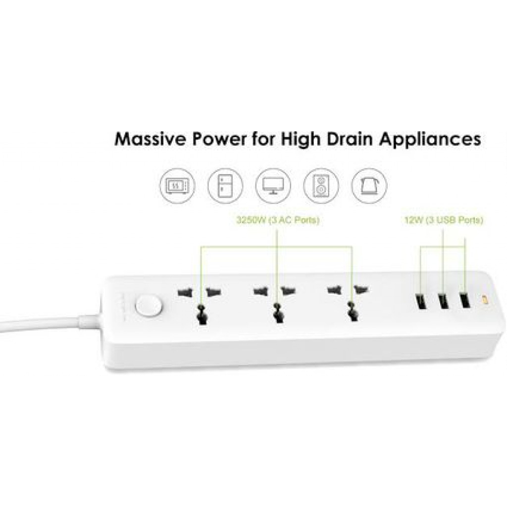 Oraimo Power Hub 3 Ac Outlets With 3 Usb Ports 1.8meter Extension Cable - White