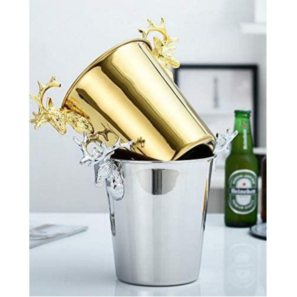 3L Champagne Wine Ice Bucket Stainless Steel With Deer Head Handles -Gold