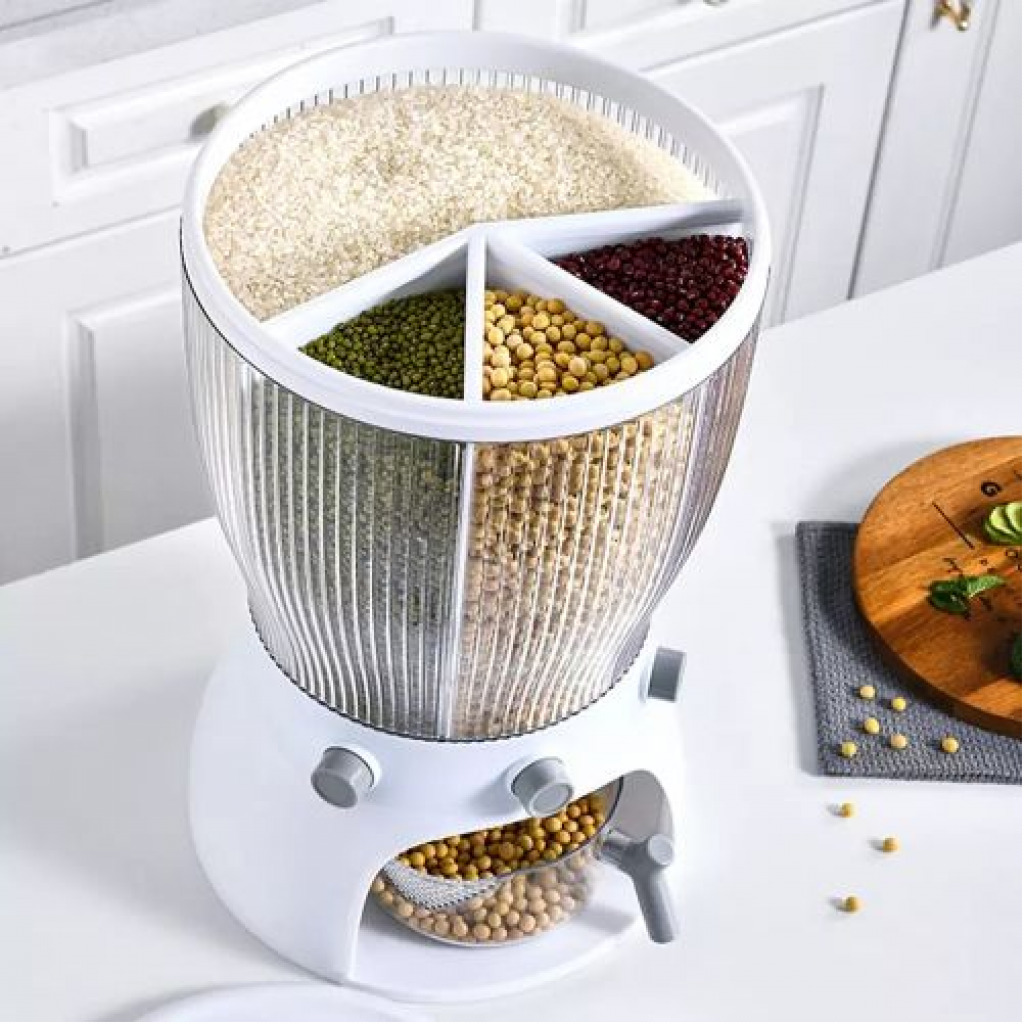 4 Grid Rotating Cereal Food Rice Bucket Storage Dispenser Box Organizer -White