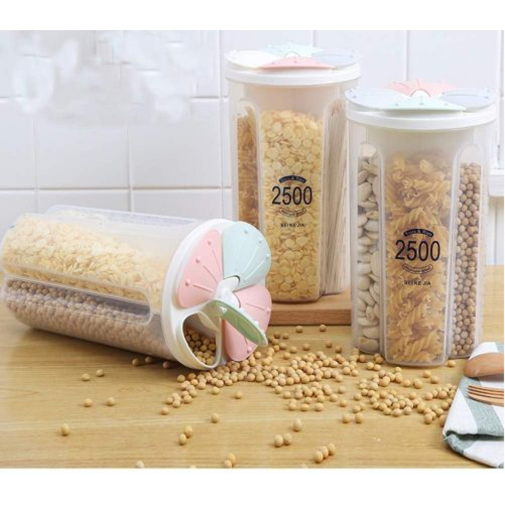 4 Section Cereal Food Dispenser Storage Jar Box Container Bin, Colourless