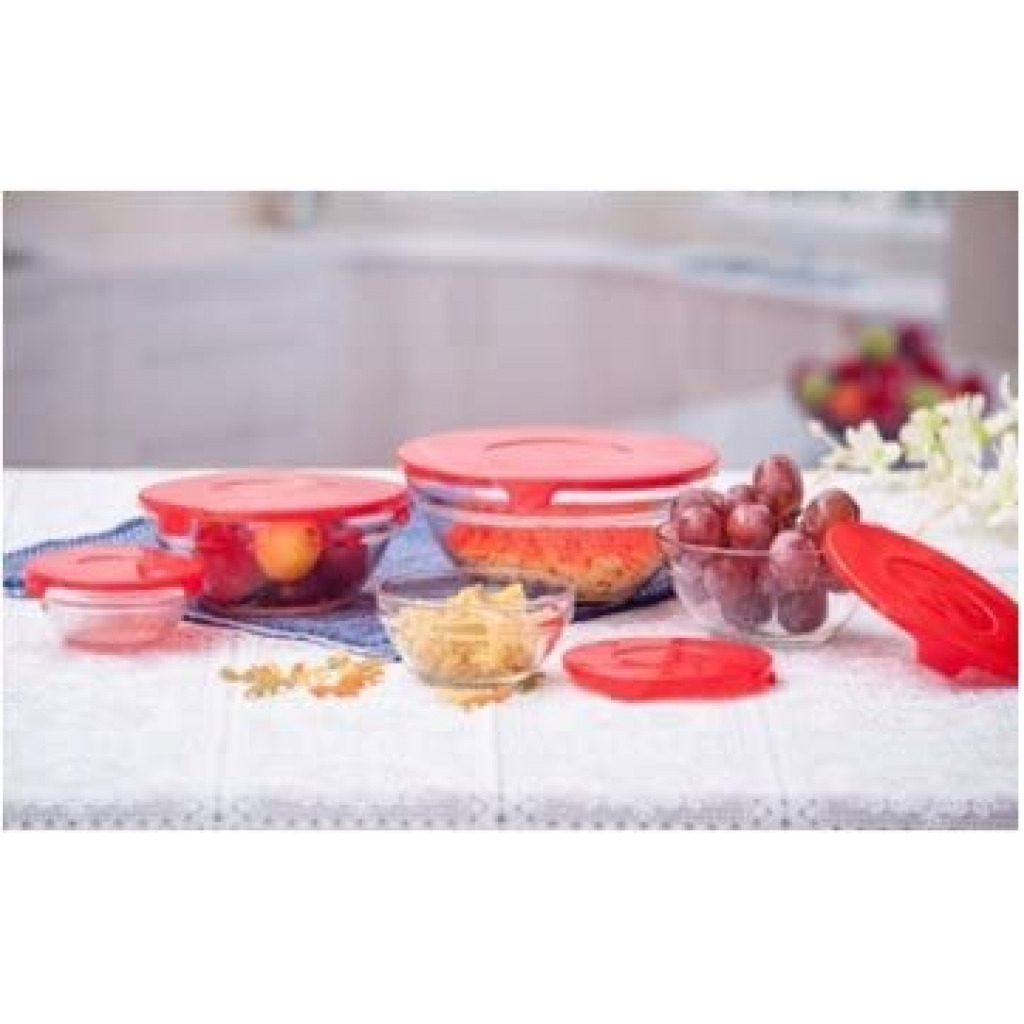 5 Piece Glass Bowl Set With Matching Red Plastic Lids