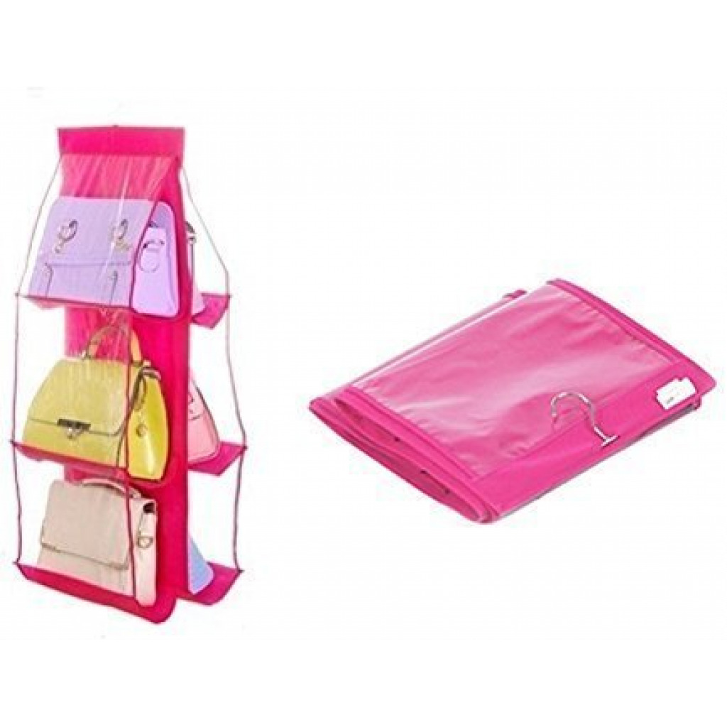 6 Pocket Handbag Storage Hanging Purse Organizer - Pink