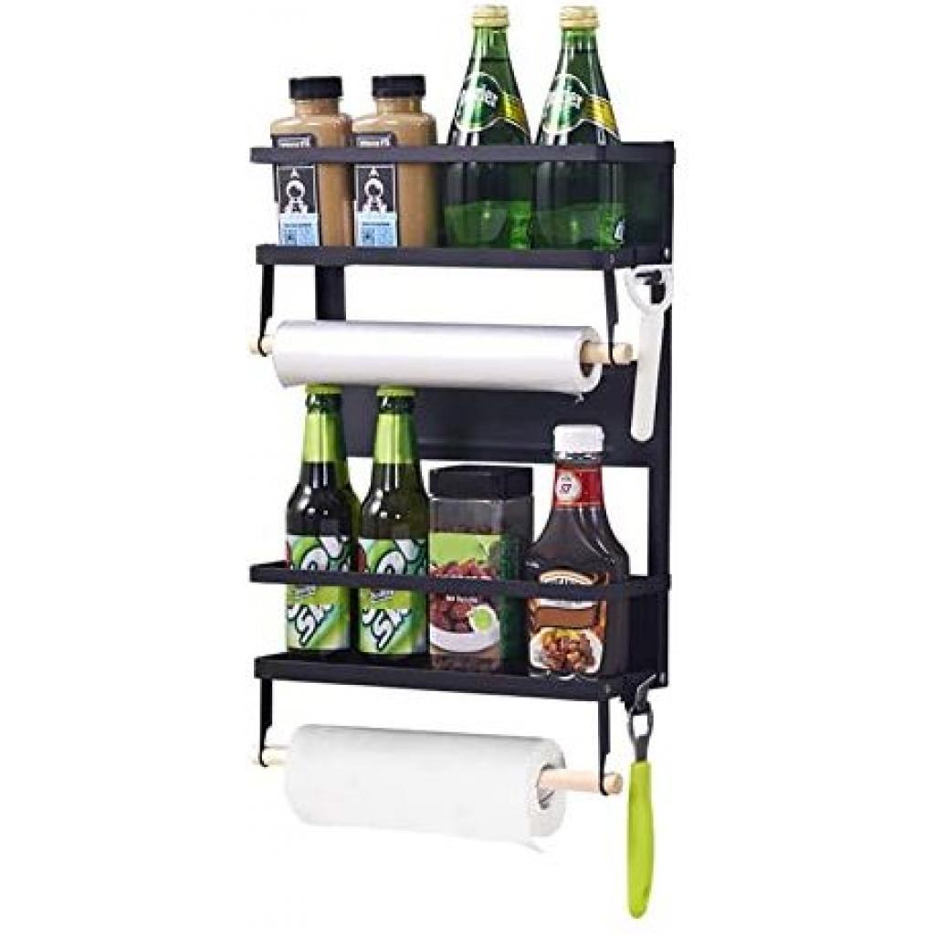 Magnetic Fridge Side Shelf Storage Organizer, Spice Rack Hanger 6 Hooks -Black