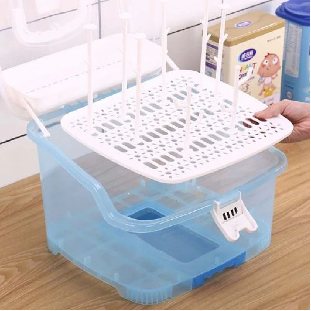 Portable Baby Bottle Drying Rack Storage Box With Anti-dust Cover, Blue