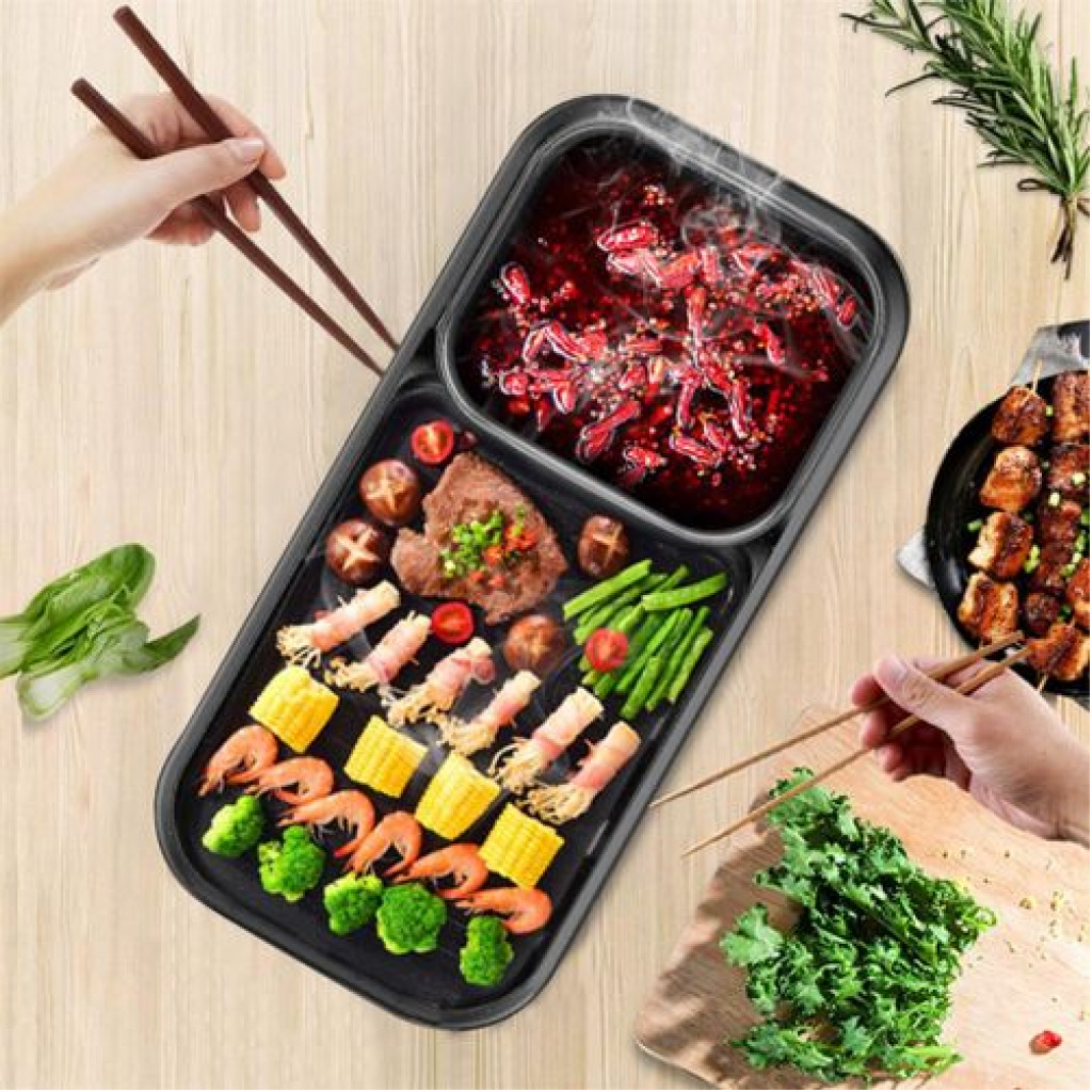 2 In1Electric Baking Pan, Cooking Soup Hot Pot And BBQ Electric Grill - Black