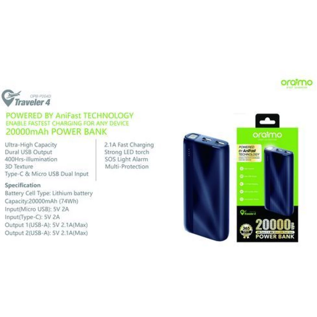 Oraimo Power Bank 20000mAh High Capacity Dual USB Output OPB-P204D - Black