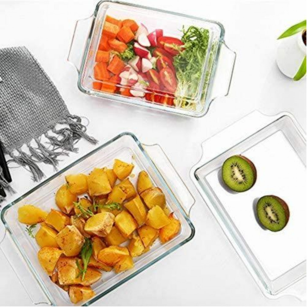 3 Piece Rectangle Glass Bakeware Dishes Microwave Oven Bowls With Lids - Colorless