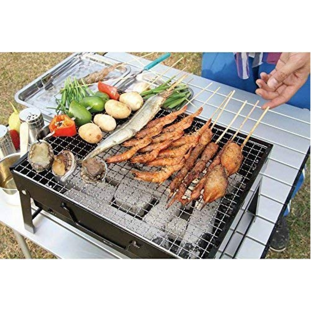 Folding Portable Outdoor Barbeque Charcoal BBQ Grill Oven Black Carbon Steel, Black