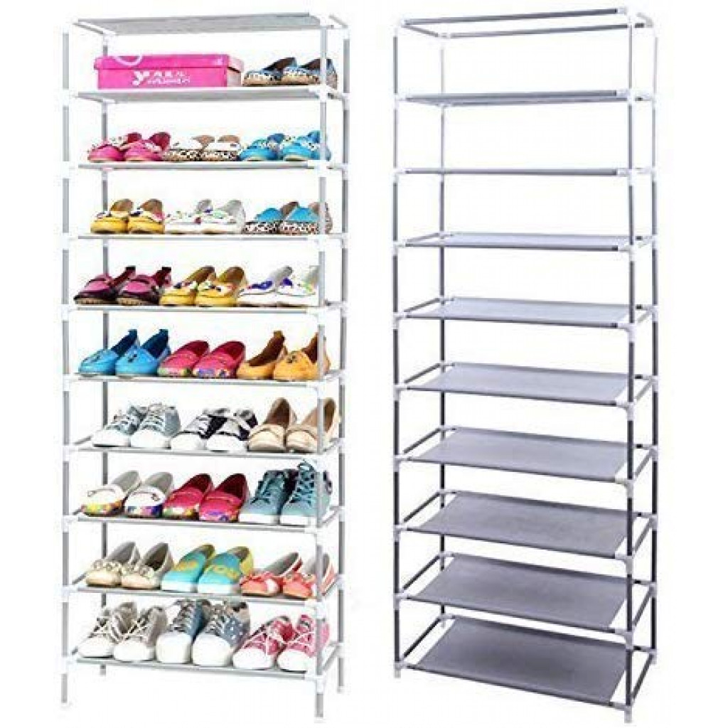 Multipurpose Portable Folding Shoes Rack 9 Tiers Multi-Purpose Shoe Storage Organizer Cabinet Tower with Iron and Nonwoven Fabric with Zippered Dustproof Cover Color Brown