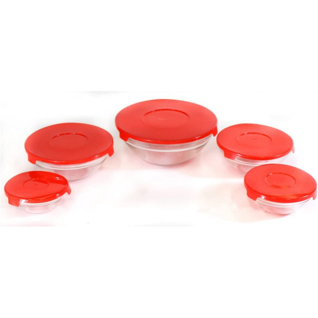 5 Piece Glass Bowl Set With Matching Red Plastic Lids