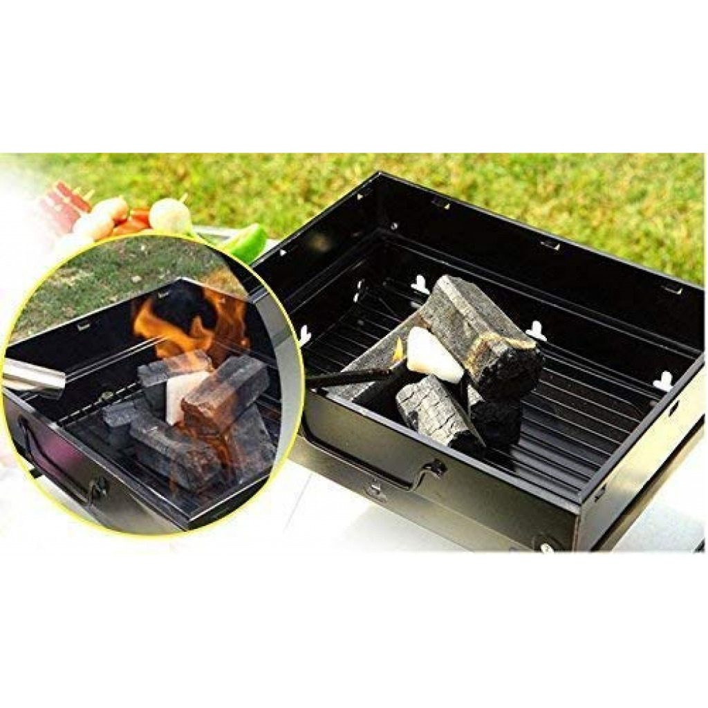 Folding Portable Outdoor Barbeque Charcoal BBQ Grill Oven Black Carbon Steel, Black