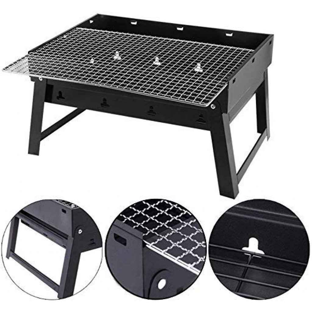 Folding Portable Outdoor Barbeque Charcoal BBQ Grill Oven Black Carbon Steel, Black